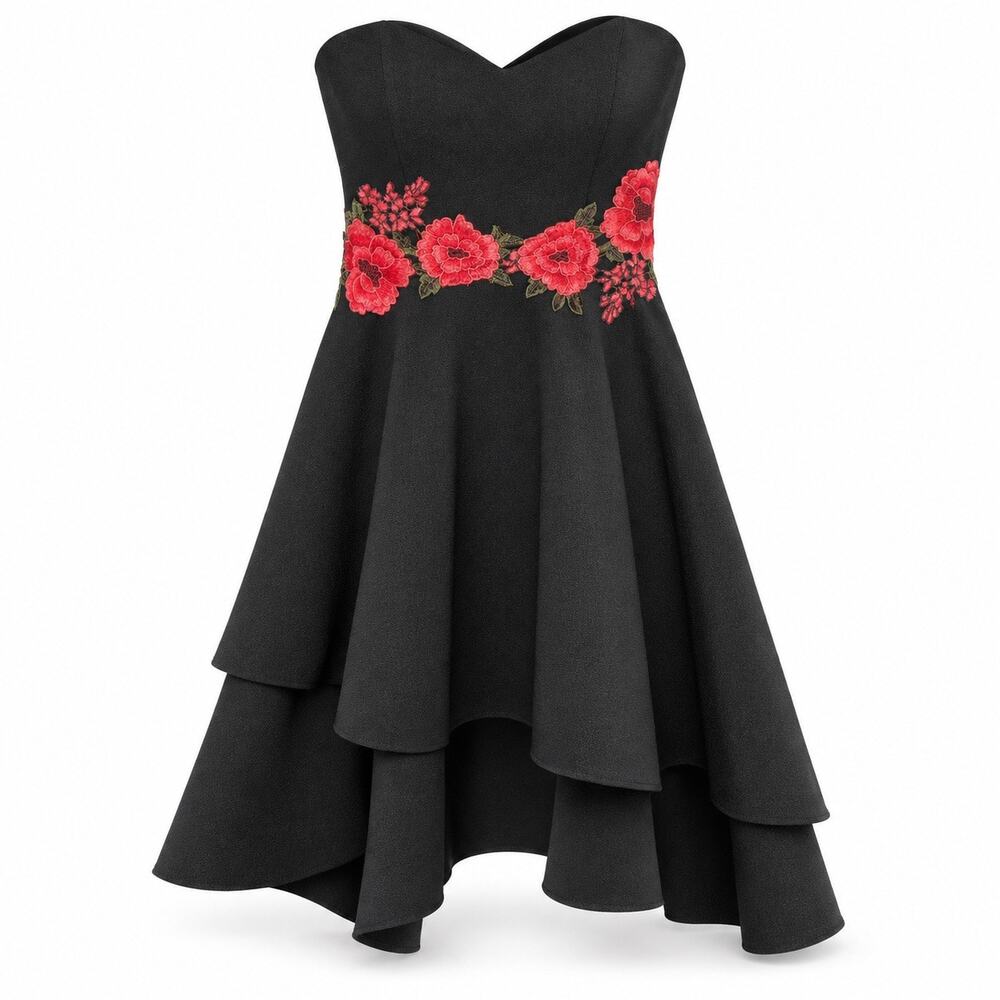 B Darlin Size 7/8 Black Strapless High-Low Dress Red Floral Embroidery